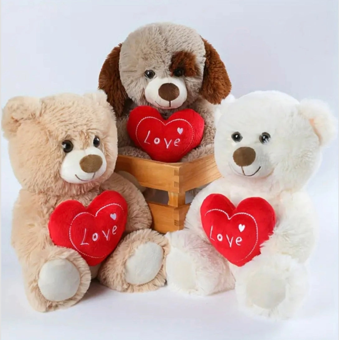 Plush Stuffed Teddy & Puppy Bear Holding a Heart